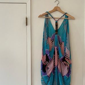 Mara Hoffman Sheer Cover up in turquoise pink butterfly with beaded back